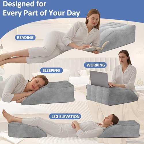 Portable Inflatable Wedge Leg Elevation Pillow - Foldable 45 Degree Wedge Leg Bolster Pillow Use in Bed, Adjustable Incline for Sleeping,Travel,Back Support,Reduce Swelling, Improve Circulation (Grey) - color: Deep Grey