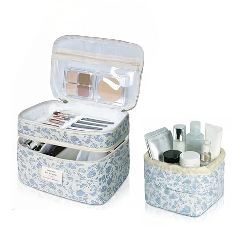 Gosect Makeup Bag, 2pc Quilted Cosmetic Bag Set, Drawstring Makeup Bag with Canvas Lining + Large Floral Toiletry Bag for Women Girls, Cute Cotton Flower Travel Organizer Bag (Blue Flowers - color: Blue Pattern