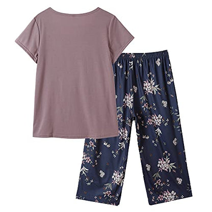 HONG HUI Women's Capri Pajama Sets Plus Size Sleepwear Top with Capri Pants 2 Piece Sleep Set - color: Dark Blue, size: 5X-Large