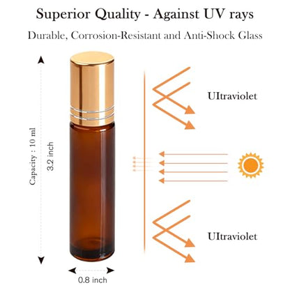 PrettyCare Set of 120, Bulk 10 ml Essential Oil Roller Bottles with Stainless Steel Roller Ball - Refillable Leak-proof Empty Thick Amber Glass Roll on Bottles with Golden Caps for Travel, Perfume - color: Amber with Golden Cap, size: 120 Pack