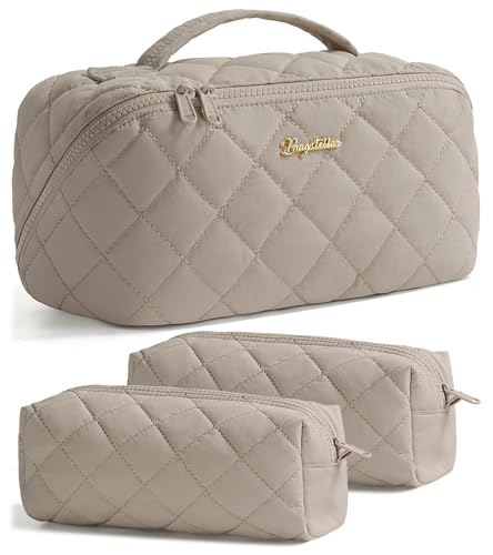 Travel Makeup Bag, 3 Pcs Large Capacity Puffy Toiletry Bag for Women, Open Flat Quilted Make up Cosmetic Organizer w/Handle & Clear Divider Water-resistant Portable Pouch Travel Essentials, L-Oatmeal - color: Oatmeal, size: large