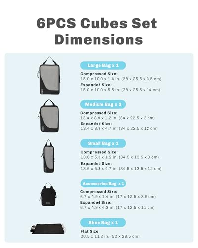 Hynes Eagle 6 Set/ 4 Set/ 2 Set Compression Packing Cubes Travel Essentials Lightweight Nylon Luggage Suitcase Organizer Bag Black 6PCS - color: Black-6 PCS