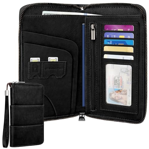 Family Passport Holder Wallet with Zipper, RFID Blocking Travel Document Organizer, PU Leather Passport Wallet for Women Men, Passport Cover Travel Wallet for Boarding Pass, ID, Money, Ticket - color: Black