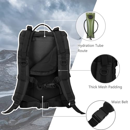 Hannibal Tactical MOLLE Assault Backpack, Tactical Backpack Military Army Camping Rucksack, 3-Day Pack Trip w/USA Flag Patch, D-Rings, Black - color: Black