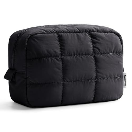 Narwey Puffer Makeup Bag for Women Girl, Quilted Travel Cosmetic Bag Puffy Make Up Bag Organizer, Cute Travel Toiletry Bag for Toiletries (Black) - color: Black