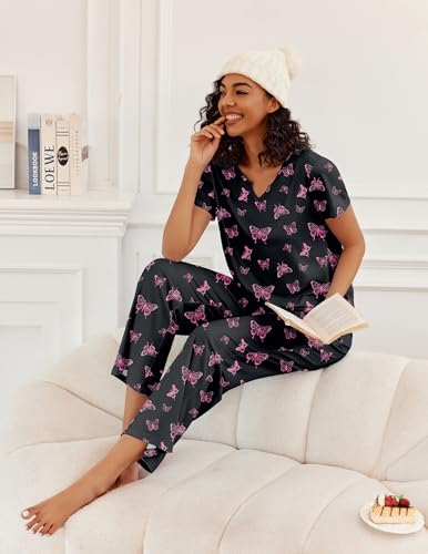 Ekouaer 2 Piece Womens Pajamas Short Sleeve Top and Long Pants Pjs Set Printed Sleepwear with Pocket - color: Black Butterfly, size: X-Large