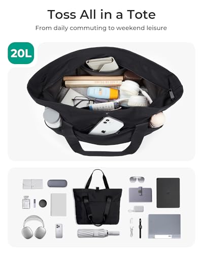 BAGSMART Tote Bag for Women, Foldable Tote Bag With Zipper Travel Shoulder Bag Handbag for Work - color: Black