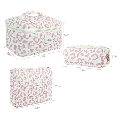 GISMTR 3Pcs Makeup Bag Cotton Quilted Travel Cosmetic Bag Cute Floral Makeup Pouch Large Toiletry Bag for Women Girls - color: Pink leopard print