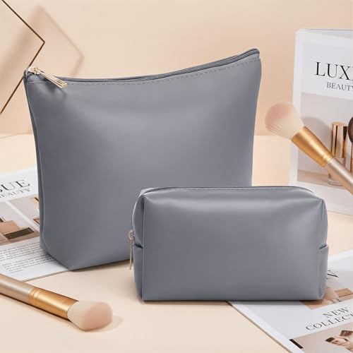 Kigeli 2 Pcs PU Leather Makeup Bag Set for Women Waterproof Aesthetic Cosmetic Bag Large & Small Travel Toiletry Organizer Pouch Skincare Organizer Bridesmaid Mother's Day Birthday Gift(Gray) - color: Gray