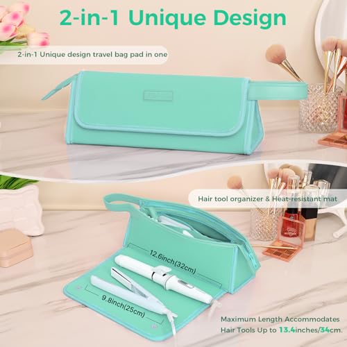 JKAOO Hair Tools Travel Bag and Heat Resistant Mat, 2 in 1 Portable Organizer Hair Travel Case for Curling Iron, Hair Straightener, Flat Irons, PU Hangable Handle, Neoprene (Blue-Green) - color: Blue-green