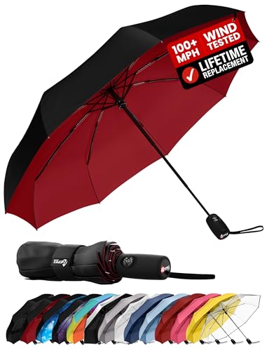 Repel Windproof Travel Umbrella - Compact & Withstands Winds up to 100MPH , Strongest Premium Auto Folding Umbrella for Rain and Sun - Durable, Light & Portable for Women & Men , Fits Backpack & Cars - color: Black/Red - Travel Umbrella (1 Pack)