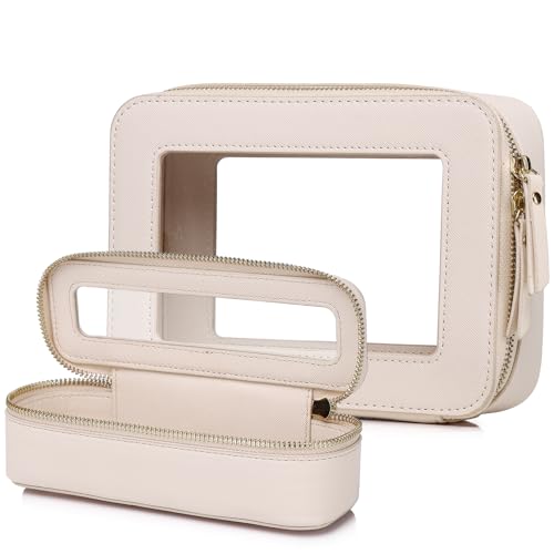 Clear Travel Makeup Bag with Brush Case Portable Transparent Cosmetic Bag and Toiletry Bag Waterproof Makeup Organizer with Zipper Car Essential for Women (Beige, M+Slim) - color: Beige, size: M+Slim