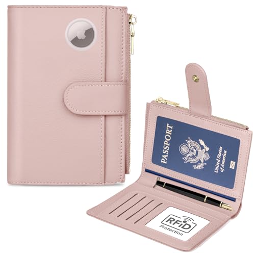 Passport Holder for Travel, Leather Passport Wallet with Airtag Slot, RFID Blocking Travel Wallet for Women Men, Passport Cover with Air Ticket Card Cash Coin Pocket, Travel Essentials Gift - color: Light Pink