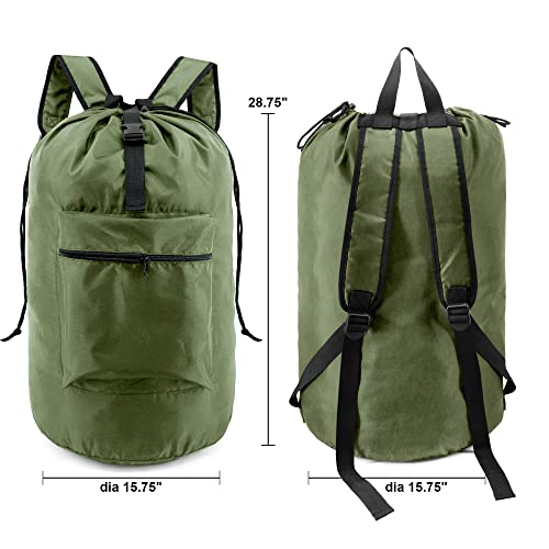 BeeGreen Moss Green Laundry Backpack Bag w Adjustable Shoulder Straps String Closure College Dorm Room Essentials Sturdy Laundry Hamper Portable w Handle XLarge Ripstop for Traveling - color: Moss Green, style: With Front Zipper Pocket