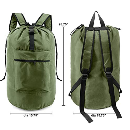BeeGreen Moss Green Laundry Backpack Bag w Adjustable Shoulder Straps String Closure College Dorm Room Essentials Sturdy Laundry Hamper Portable w Handle XLarge Ripstop for Traveling - color: Moss Green, style: With Front Zipper Pocket