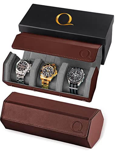 QWATCHBANDS Napa Leather Watch Rolls for Men - Hexagon Triple Watch Roll Travel Case for 3 Watches - Storage Organizer Genuine Leather with Velvet Interior Display (Brown/Gray) - color: 3 - Brown / Grey