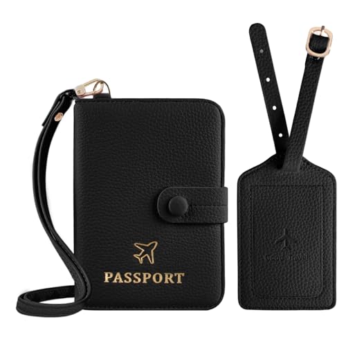 Boutilon Leather Passport Holder Covers Case with Neck Lanyard and Luggage Tag Waterproof RFID Blocking Travel Wallet Solid Color Passport Organization for Women and Men (Black) - color: Black