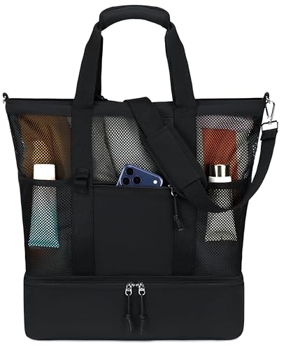 Bluboon Mesh Beach Tote Bag with Cooler Compartment Insulated Detachable Picnic Bag with Zipper and Pocket Pool Bag for Women - color: Black B