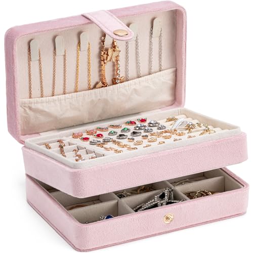 MODENGKONGJIAN Jewelry Organizer Box, 2-Layer Large Jewelry Storage Case, Portable Travel Jewelrys Display Holder for Earrings, Necklaces, Bracelets (Pink,Velvet) - color: 2 Layer-Pink-Velvet
