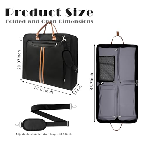 Garment Bags for Travel, Large Carry On Suit Bag for Hanging Clothes, Waterproof & Wrinkle Free with Shoulder Strap for Business, for Men and Women (Black)