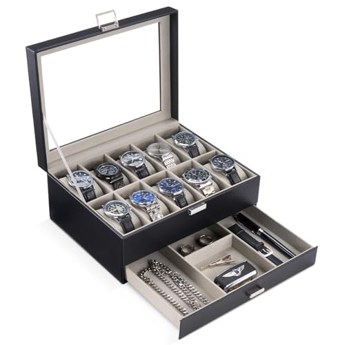 ProCase Watch Box, 10 Slot Watches Display Case with Drawer, Mens Watch Case with Glass Lid, 2-Layer Mens Jewelry Organizer Storage Holder, Birthday Valentine Gifts for Men -10 Slot, Black - color: Black, size: 10-Slot