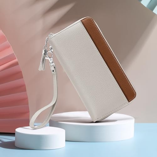 Moflycom Womens Wallet RFID Blocking Genuine Leather Zip Around Wallet Clutch Wristlet Travel Long Purse for Women - color: Z2 Brown1/Beige1