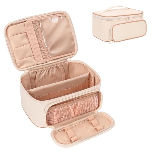 OCHEAL Makeup Bag, Multifunctional Large Cosmetic Organizer Toiletry Brushes Storage Case for Women Girls with Handle Divider - Beige - color: 0021_Beige with front pocket, size: Medium