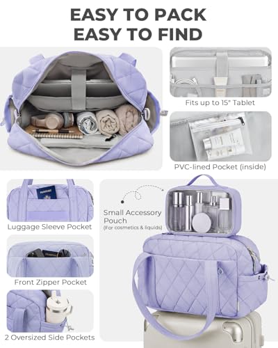 Percover Weekender Bag for Women, Ultra Lightweight Travel Duffle, Carry On Personal Item Overnight Bag with Toiletry Pouch & Compartments, Quilted Gym & Travel Bag, Lavender Purple - color: Lavender Purple