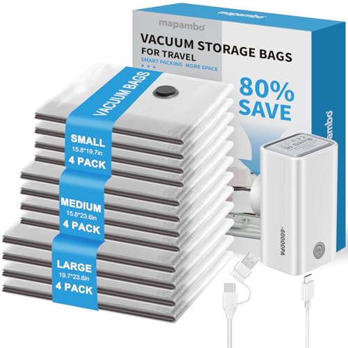 12 Pack Vacuum Seal Bags for Clothing Travel with -60000Pa USB Pump, Save 80% of Space for Clothes (12 Combo Size) - size: 12 Combo Size