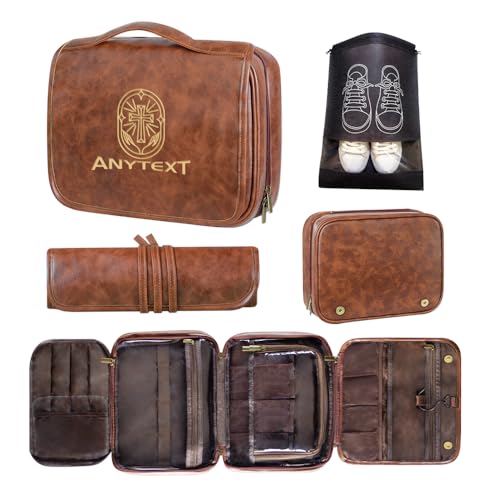 Custom 3-in-1 PU Leather Toiletry Bag For Men Personalized Hanging Travel Organizer Bag for Father Husband Boyfriend (Reddish brown) - color: Reddish brown
