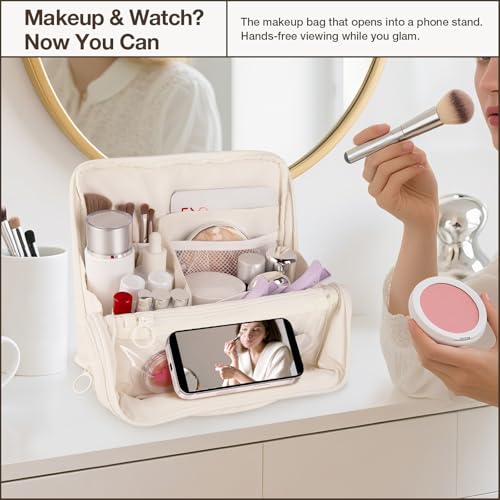 Abiudeng Standing Travel Makeup Bag Stand up Make up Bag Travel Toiletry Bag with Multiple Compartments Large Capacity for Women Business Trips Fitness and Daily Commutes (White) - color: White