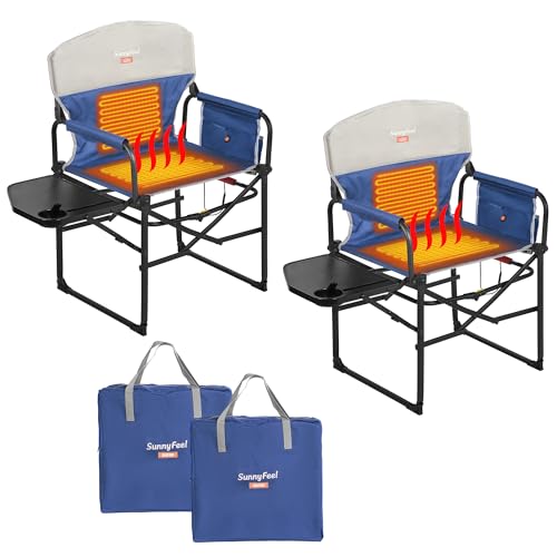 SUNNYFEEL Heated Camping Directors Chair, Heavy Duty,Oversized Portable Folding Chair with Side Table, Pocket for Beach, Fishing,Trip,Picnic,Lawn,Concert Outdoor Foldable Camp Chairs - color: Heated Blue-2set