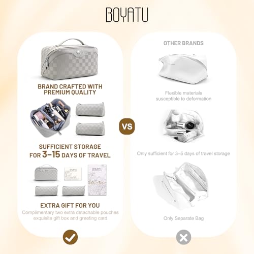 BOYATU Travel Makeup Bag Organizer: 3 Pcs Set Large Capacity Cosmetic Bags Holds 10–20 100ml Full-Size Bottles - 180°Open-Flat Make up Case 3-sec touch-up - Toiletry Bag Gift women (03-A-Gray) - color: 01-F-Gray
