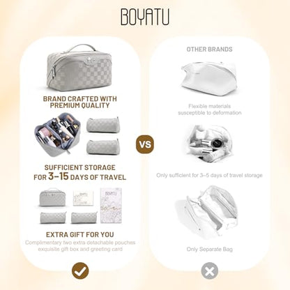 BOYATU Travel Makeup Bag Organizer: 3 Pcs Set Large Capacity Cosmetic Bags Holds 10–20 100ml Full-Size Bottles - 180°Open-Flat Make up Case 3-sec touch-up - Toiletry Bag Gift women (03-A-Gray) - color: 01-F-Gray