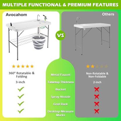 Folding Fish Cleaning Table with Collapsible Bucket, Portable Outdoor Fillet Station Camping Sink Table with Faucet, Drainage Hose & Sprayer, Grid Rack, Knife Groove for Picnic Fishing