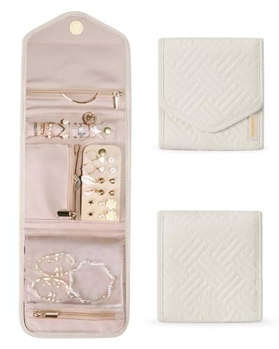 BAGSMART Travel Jewelry Organizer Case Foldable Jewelry Roll for Journey Rings, Necklaces, Earrings, Bracelets,Mini,Beige - color: Beige, size: Small
