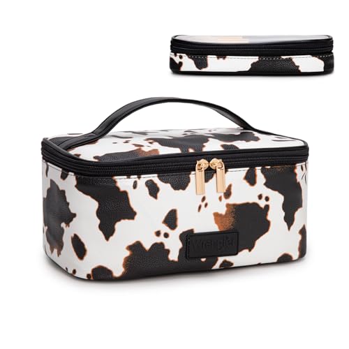 Montana West X Wrangler Travel Makeup Bag 2pcs Set Large Cosmetic Bag with Makeup Brush Holder Portable Make Up Organizer Cute Toiletry Bag with Divider and Handle for Women - color: Cow-Brown