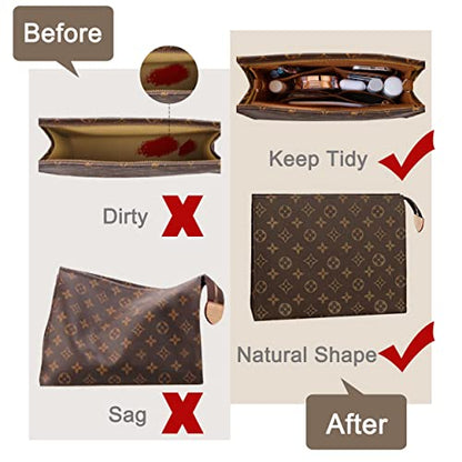 Felt Purse Organizer Insert Fits Toiletry Pouch 26x19 Messenger Bag Liner with Gold Buckle & Keychain (Large, Brown) - color: Brown, size: Large-26