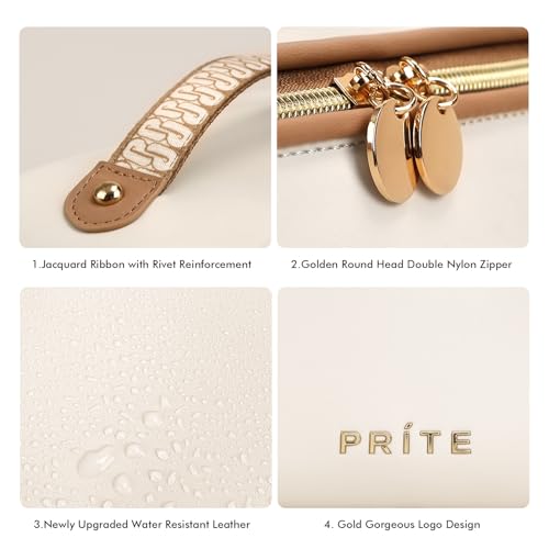 Prite Makeup Bag for Women Travel Waterproof Vegan Leather Cosmetic Bag Open Flat Toiletry Bag With Clear Divider and Handle (Beige, Medium) - color: Beige, size: Medium