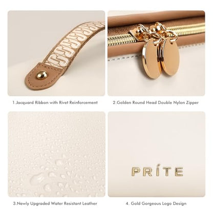 Prite Makeup Bag for Women Travel Waterproof Vegan Leather Cosmetic Bag Open Flat Toiletry Bag With Clear Divider and Handle (Beige, Medium) - color: Beige, size: Medium