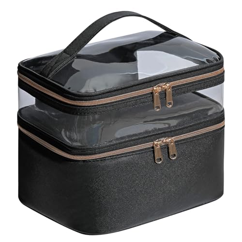 Large Makeup Bag with Brush Storage, Double Layer Cosmetic Bags for Women Girls, Waterproof Leather Toiletry Bag for Women, Travel Makeup Bag Skincare Bag with Zipper & Portable Handle - color: Black, style: Double-layer