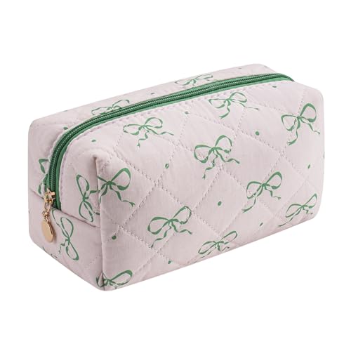 Gleyemor Small Quilted Makeup Bag for Women, Cute Floral Bow Cosmetic Bag, Emergency Bag Travel Toiletry Cotton Pouch Gifts for Girls Her Mom Friend Sister Bridesmaid (Pink&Green Bow) - color: Pink&Green Bow