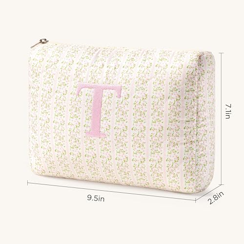 HBselect Initial Quilted Makeup Bag, Pink Cosmetic Travel Toiletry Bag, Flowers Coquette Zipper Make Up Pouch Organizer Teen Girl Gift Trendy Stuff T - color: 1Pc Medium Pinkflower, style: T