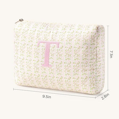 HBselect Initial Quilted Makeup Bag, Pink Cosmetic Travel Toiletry Bag, Flowers Coquette Zipper Make Up Pouch Organizer Teen Girl Gift Trendy Stuff T - color: 1Pc Medium Pinkflower, style: T