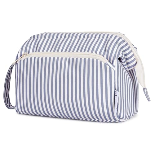 Narwey Striped Wide Open Makeup Bag Women, Travel Toiletry Bag for Women Cosmetic Bag Organizer Make up Bags with Compartments, Gift for Teen Girls (Greyish Blue Stripe) - color: ZY-Greyish Blue Stripe