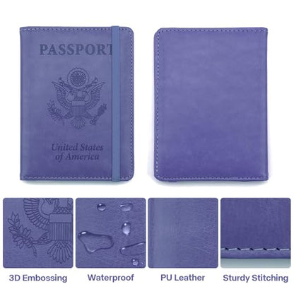 Passport Cover 2 Pack, Waterproof Leather Wallet - Dark Purple and Pink - Men, Women, Family Travel Essentials - color: Dark Purple+Pink