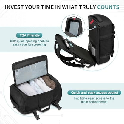 40L Travel Backpack, TSA Friendly Flight Approved Carry on Backpack for Men Women, Fits 17.3 Inch Laptop with USB-A&C Ports, Weekender Bag, Black - color: Black