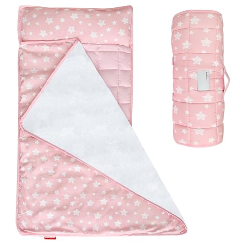Moonsea Toddler Nap Mat Pink and Fleece Minky Blanket, Lightweight and Soft Perfect for Toddlers Preschool, Daycare, Travel Sleeping Bag for Girls, 21" x 50" Fit on a Standard Cot - color: Pink
