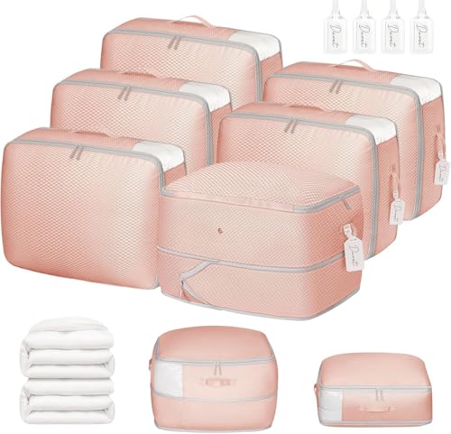 DIMJ Comforter Storage Bag 6 Pack - Blanket Storage Organizer Compression Bags, Large Capacity Ultra Space Saving Self Compression Organize for Bedding, Pillow, Duvet, Sheet Storage with Zipper Window - color: Pink, size: 66L x 6 Pack