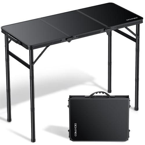 Folding Camping Table, 34.2"x15.7" 3 Adjustable Height Max 27.5" | Picnic Table Matte Black Aluminum Folding Table with Handle for Party, Dining, Garden, Patio, Market - style: 3-Fold MDF Tabletop